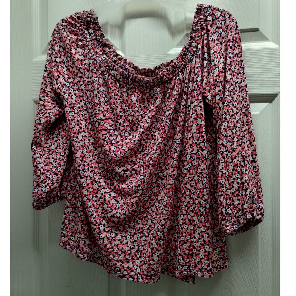 Michael Kors Women's Size XL Black White Pink Ditsy Floral Off-Shoulder Top